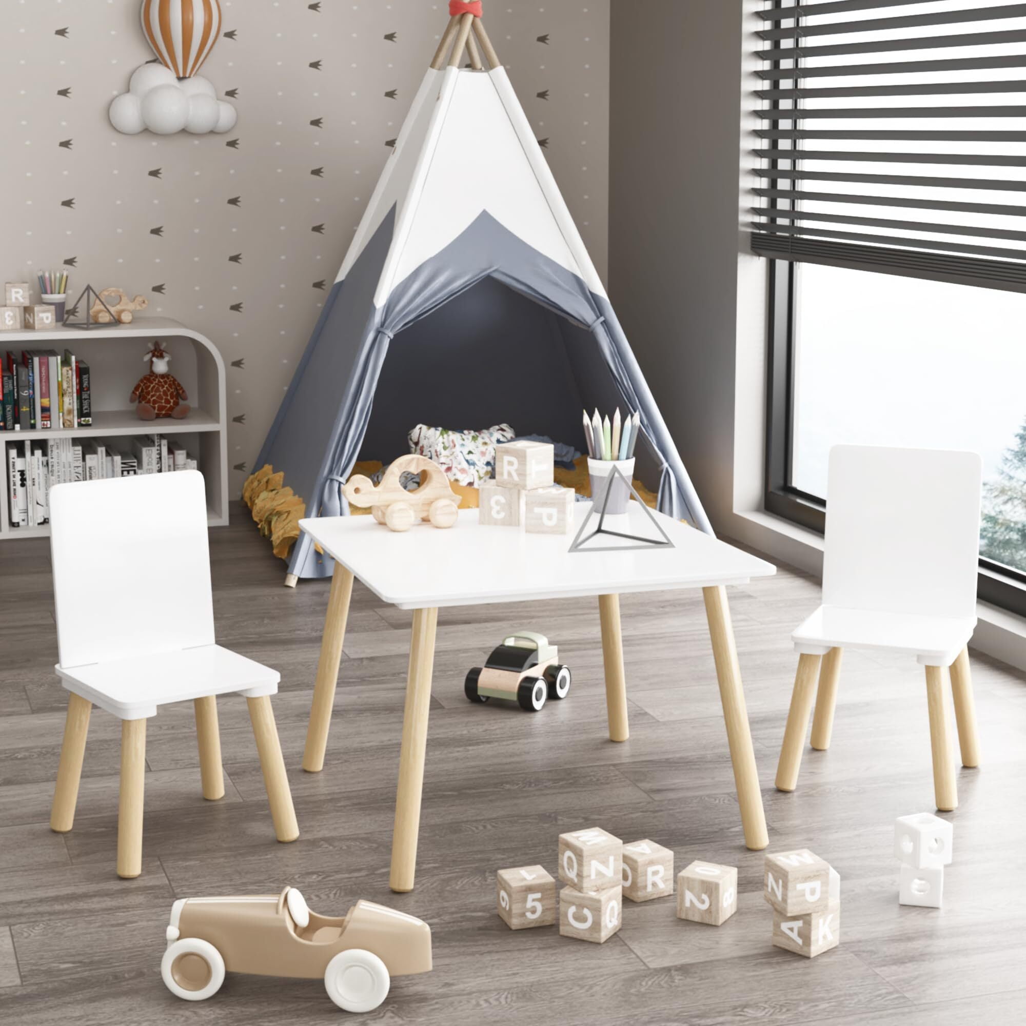 Syngar Kids Table and Chairs Set 3 Piece,Wooden Activity Table and Chairs Set for Toddlers Eating, Arts, Crafts, Drawing, Reading, PlayRoom, Gift for Gils Boys 1-7