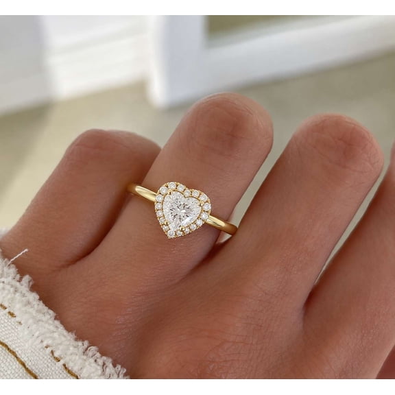 vylahjewellery 10K Vermeil Yellow Gold Pavé Halo Promise Ring Heart Cut Halo Engagement Ring for Women Bridal Moissanite Wedding Ring Gift for Her