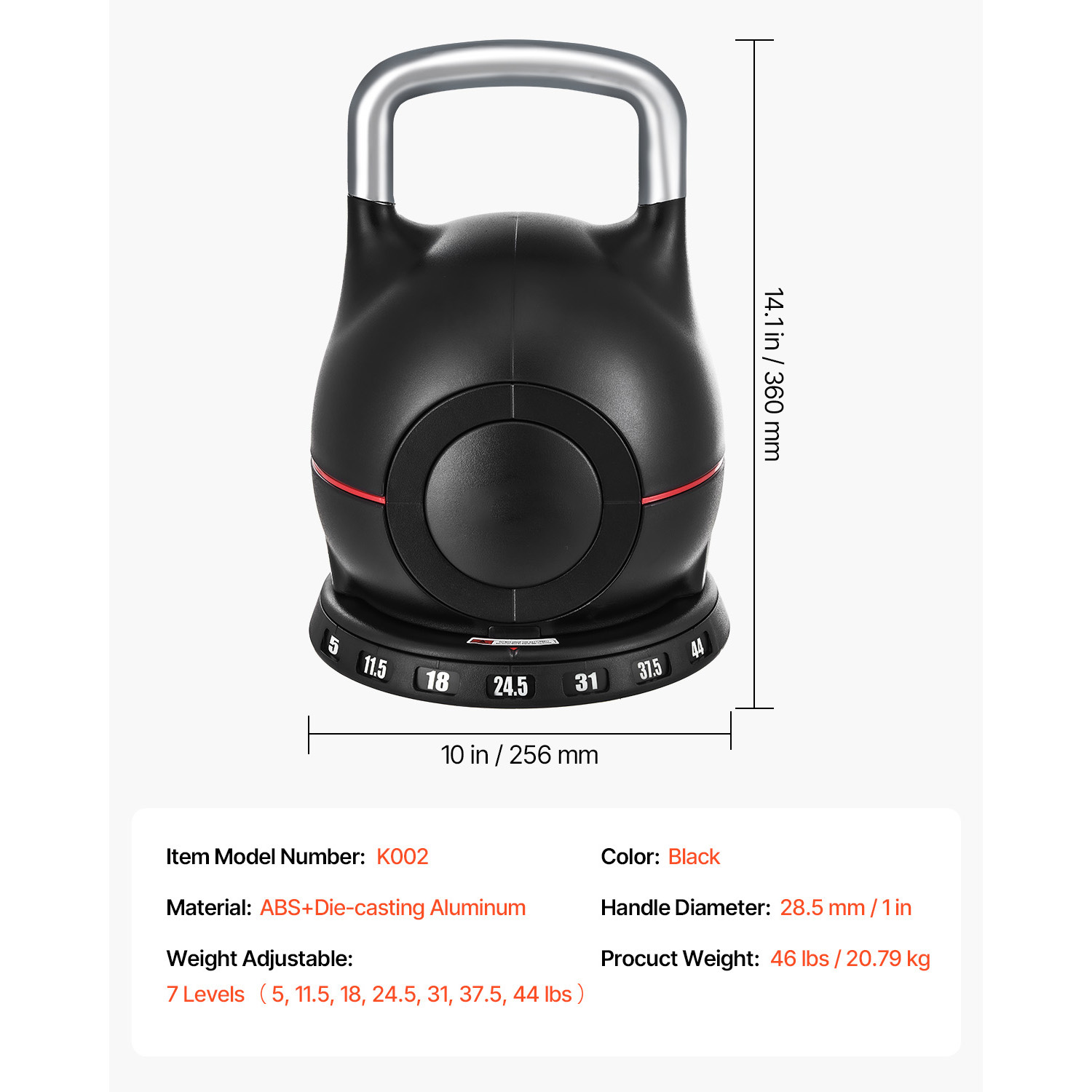 VEVOR Kettlebell, Adjustable Kettlebell with 7 Weight Levels (5, 11.5, 18, 24.5, 31, 37.5, 44 lbs), Die-Cast Aluminum and ABS Material, for Grip Strength Training, Full-body Workout & Cross-Training