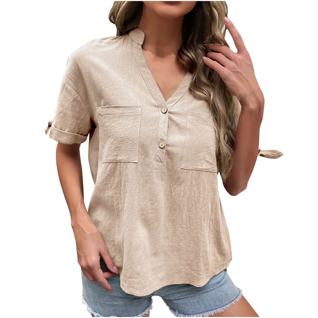 Verano mujer moda cuello en V manga corta Color sólido botón bolsillo camisa Casual camisetas Fridja zx3278