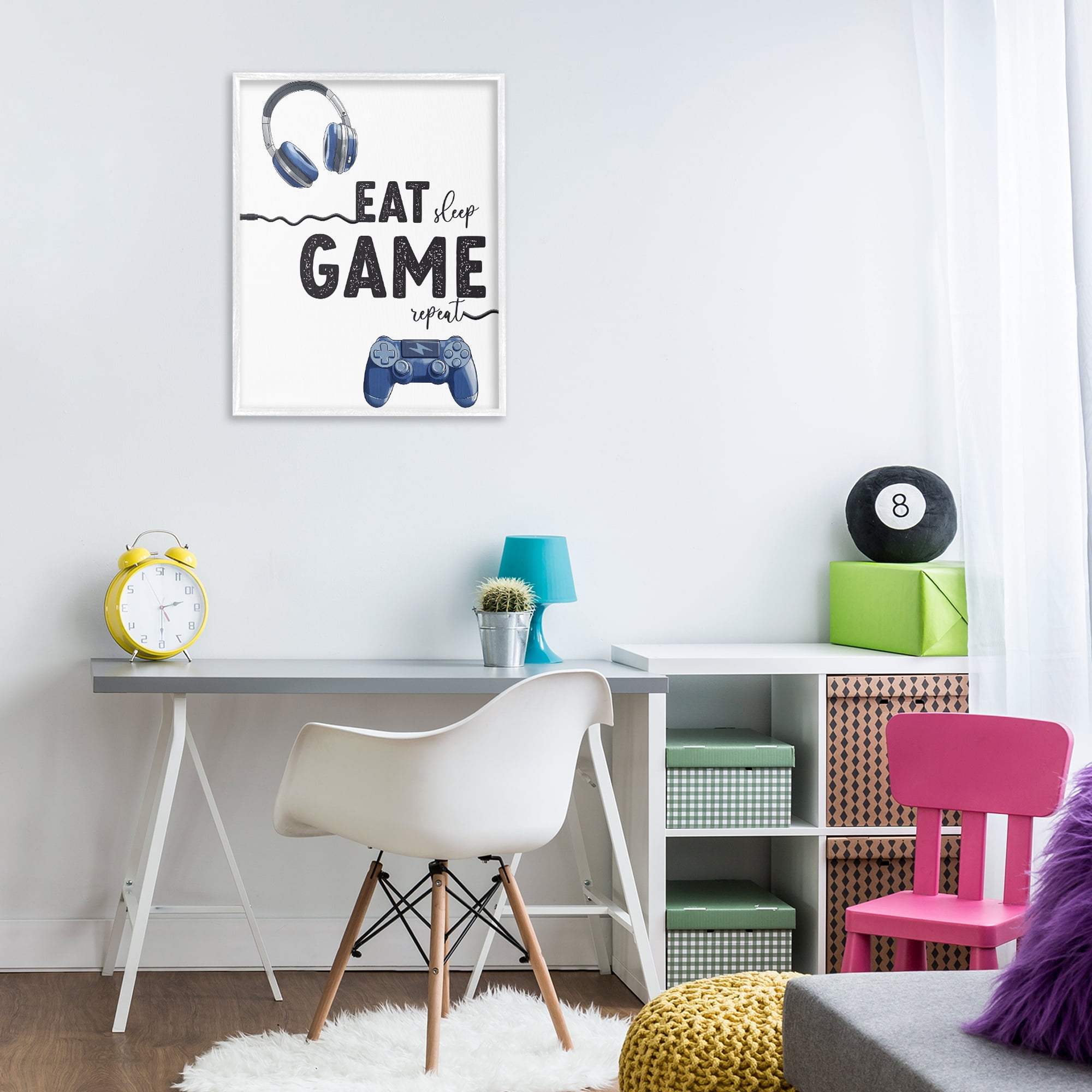 Eat Sleep Game Lifestyle White Framed Giclee Art, design by Christine Simpson Art