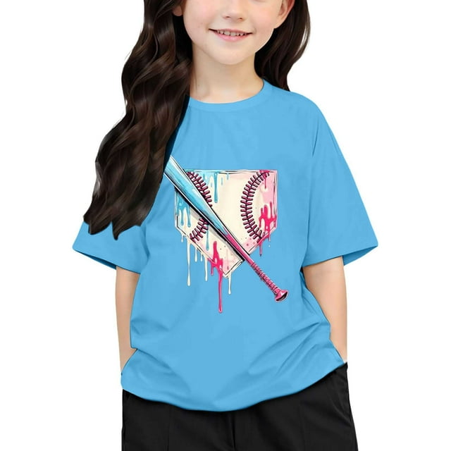 T-shirts Filles Imprimés Col Rond Manches Courtes T-Shirt Garçons Filles Tee Confortable Tee Shirt Enfant Fille Bleu 12 Ans-13 Ans