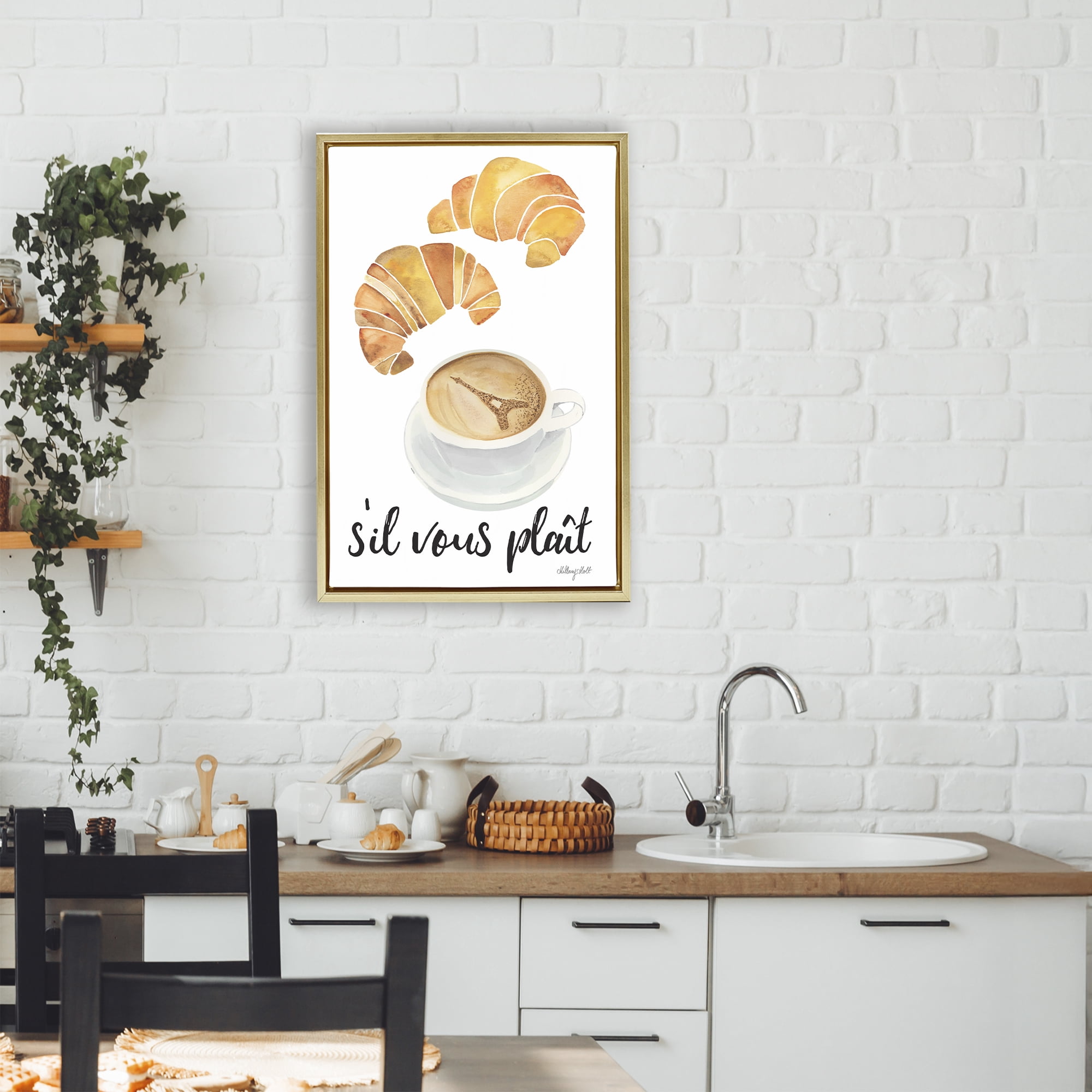 Stupell Industries Paris Croissant and Coffee Gold Framed Floater Canvas Wall Art, design by Hillary Holt