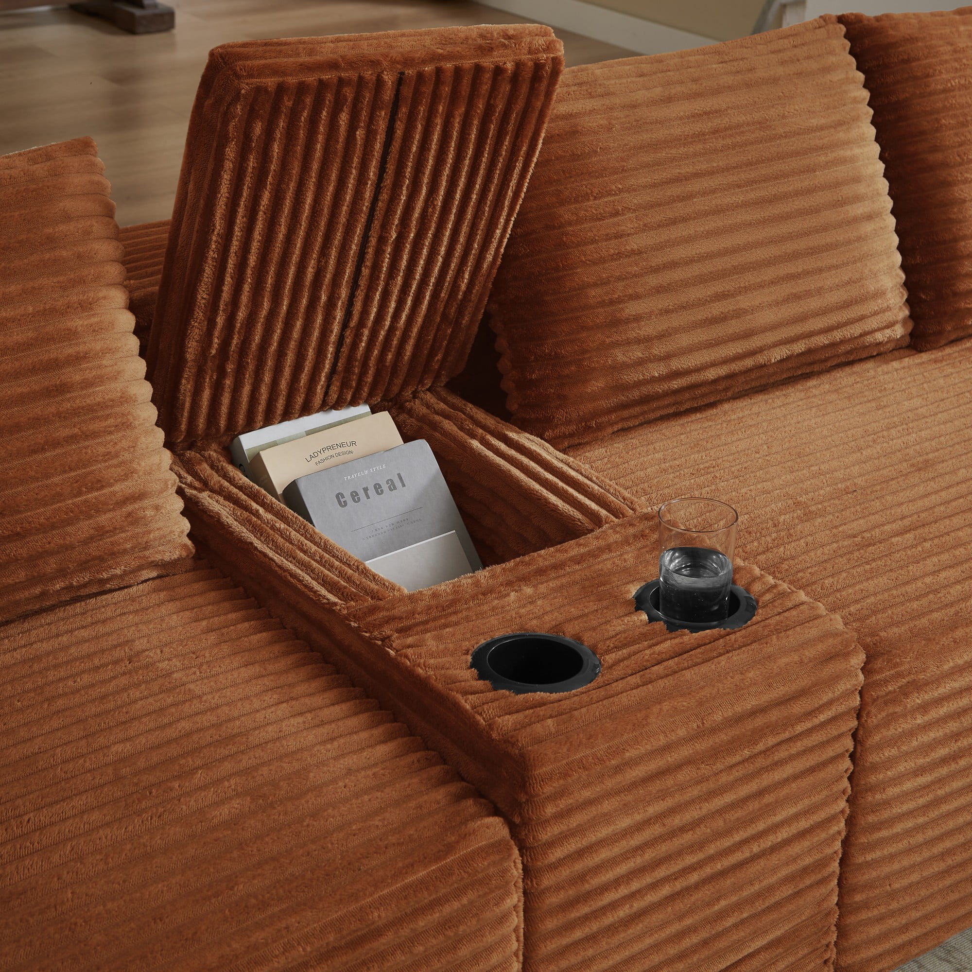 BSHTI 140.6" 5-Seat Corduroy U Shape Sectional Sofa with Cup Holder, Modular Design, No Assembly for Living Room（Orange）