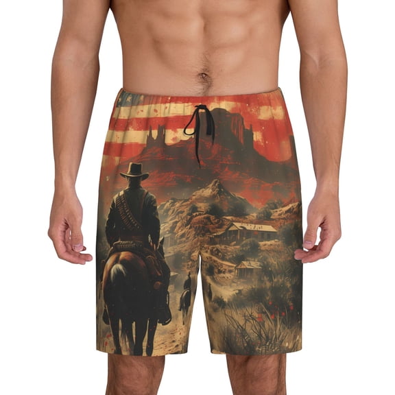 Rateoe 1860s Style American Cowboy Print Men's Lounge Shorts – Soft & Breathable Pajama Bottoms with Pockets, Elastic Waistband, Lightweight Sleepwear for Nightwear & Loungewear-
