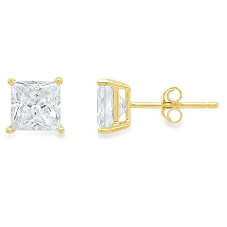 14k Yellow Gold 1/2 Carat Princess 4 Prong Solitaire Created Diamond Stud Earrings 6mm by Paris Jewelry | Jewelry Gift for Her Women Girls