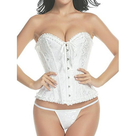 - SAYFUT Women's Waist Training Overbust Corset Bustier Fashion Jacquard Pattern Lace Body Shaper White Size S-6XL