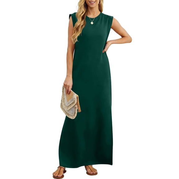 Costeam Womens Sleeveless Crew Neck Ankle Length Maxi Dress Solid Color Loose Flow Side Seam Pockets Soft Stretchy Knit Casual Long Tank Dresses
