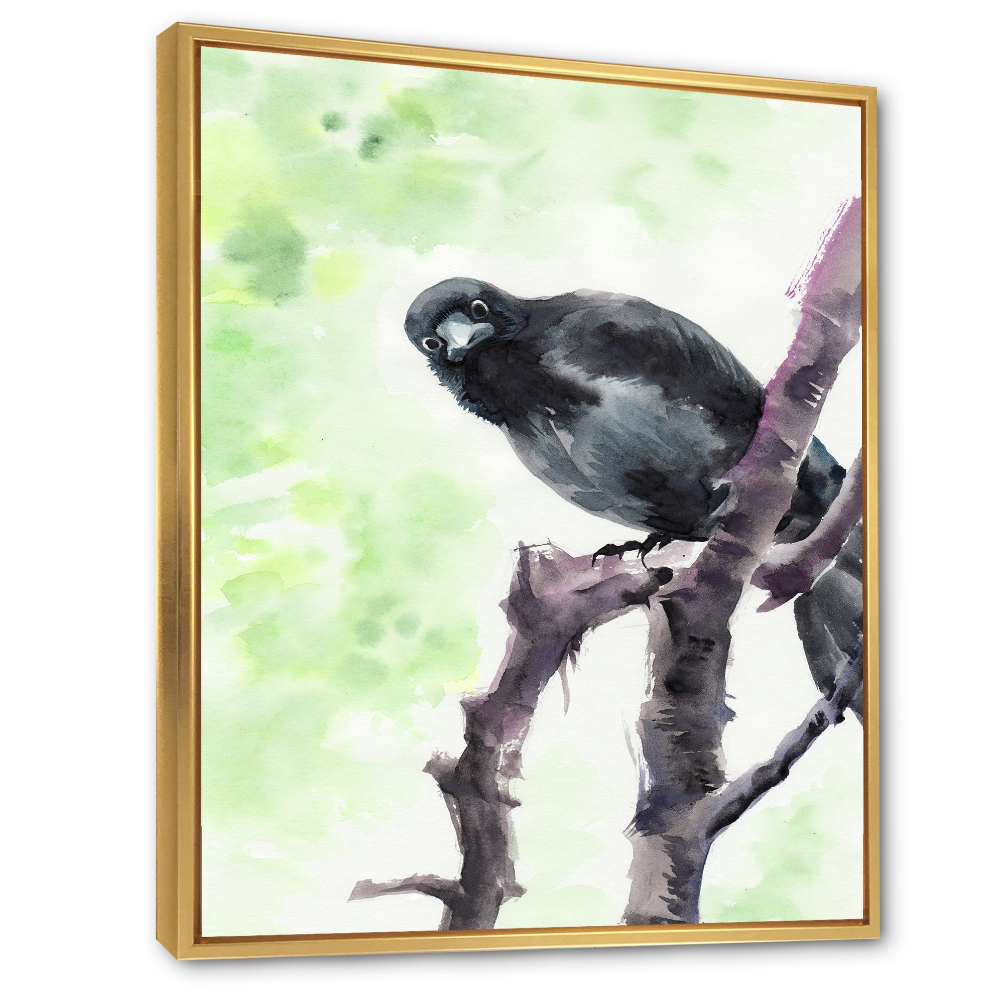 Designart 'Curious Crow Sitting On A Branch' Traditional Framed Canvas Wall Art Print