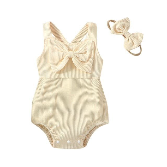 xiaxaixu Baby Girl Jumpsuit Set Summer Solid Color Ribbed Sleeveless Bow Suspender Rompers and Stretch Headband