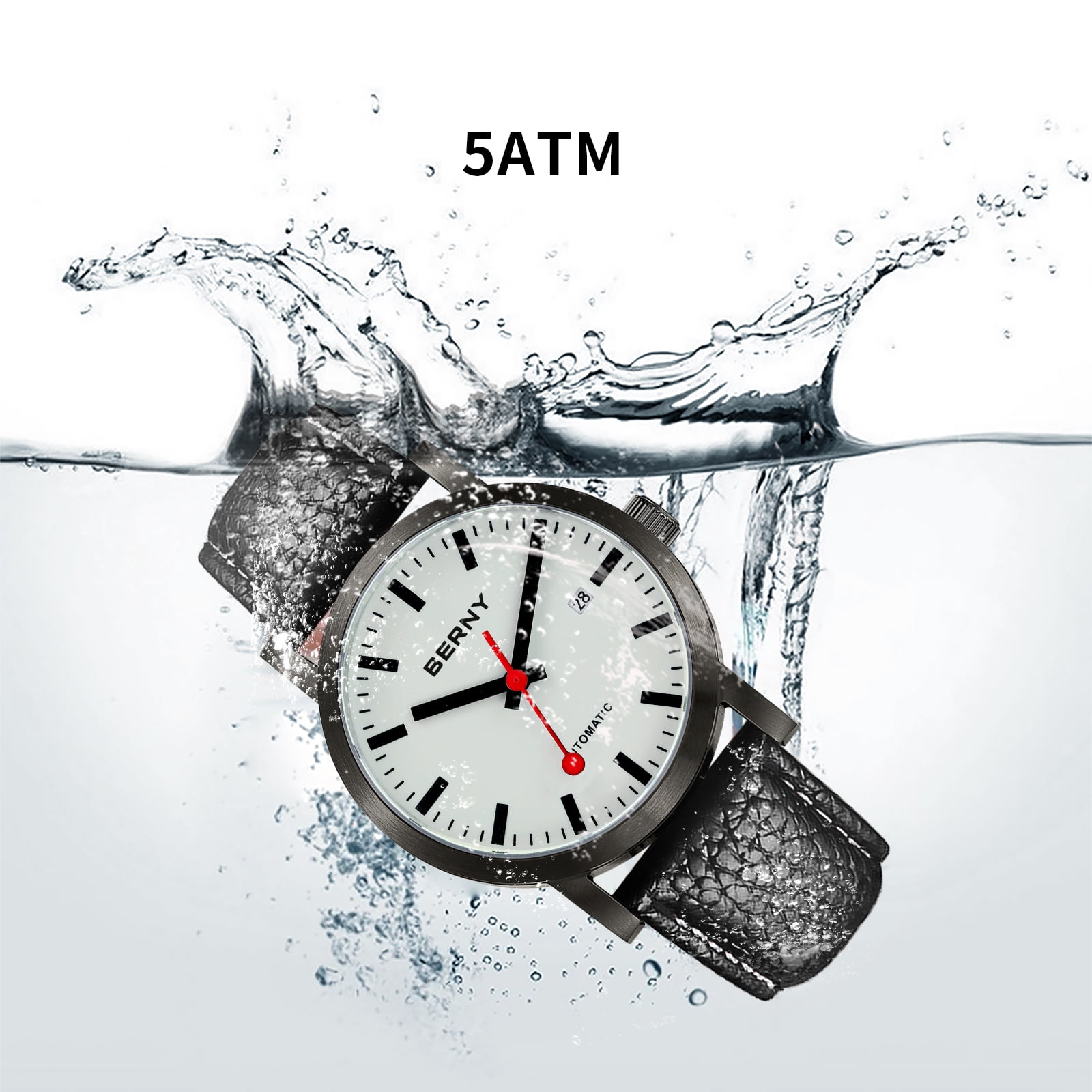 BERNY Automatic Watches for Men, Luxury Self Winding Mechanical Dress Leather Watch with Date, Sapphire Crystal, Luminous, Stainless Steel, 50M Waterproof, Minimalist Mens Watches (Black)
