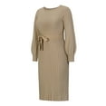 thumbnail image 6 of Sedceaty Women Spring Dress with Waist Belt, Plain Color Long Lantern Sleeve Crew Neck Knitted Pleated Dress, Ladies Fall Midi One-Piece, 6 of 8