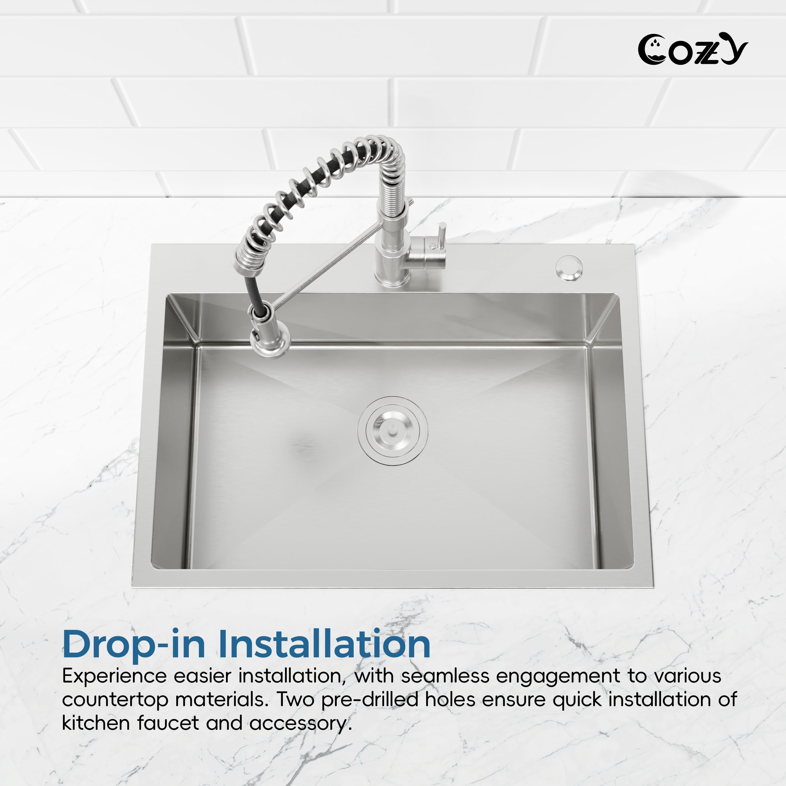 Stainless Steel Single Bowl Kitchen Sink 27x19 inch, 1-Piece Overmount Brushed with US Drain & Hook, SS-BR02D-271908
