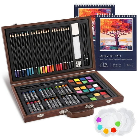 88-Piece Art Set for Painting Coloring Drawing Set Wood Box Case, 2 Sketch Pads, 24 Watercolor Paint Colors, 24 Oil Pastels, 24 Colored Pencils, 2 Brush, Art Kit for Beginners Gift
