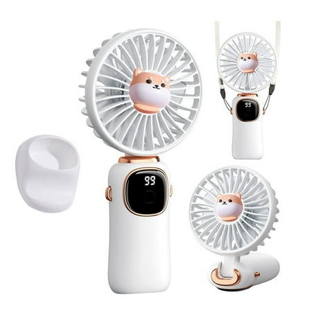 

Trjgtas Portable Handheld Fan 4000MAh Neck Fan with LED Display Foldable Desk Fan with Base 5 Speed Fan for Women White