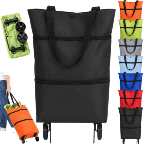 2-in-1 Foldable Shopping Cart Portable Rolling Tote Bag with Wheels，Waterproof Sturdy Mini Trolley Grocery Shopping Tote Bag Cart for Supermarket,Laundry,Travel,Capacity