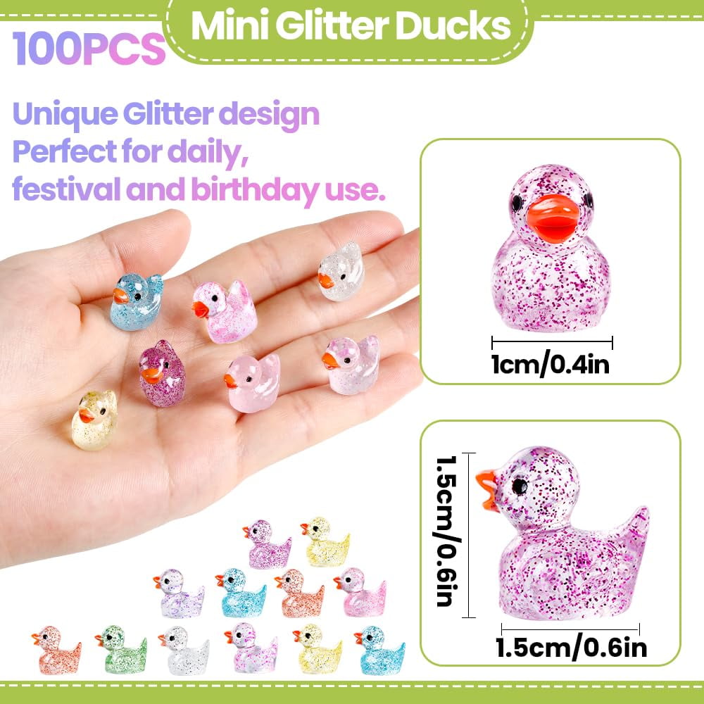 100pcs Mini Glitter Ducks Colorful Tiny Small Little Resin Ducks to Hide Plastic Animal Figures for for Dollhouse Micro Dollhouse Landscape Aquarium Decorations