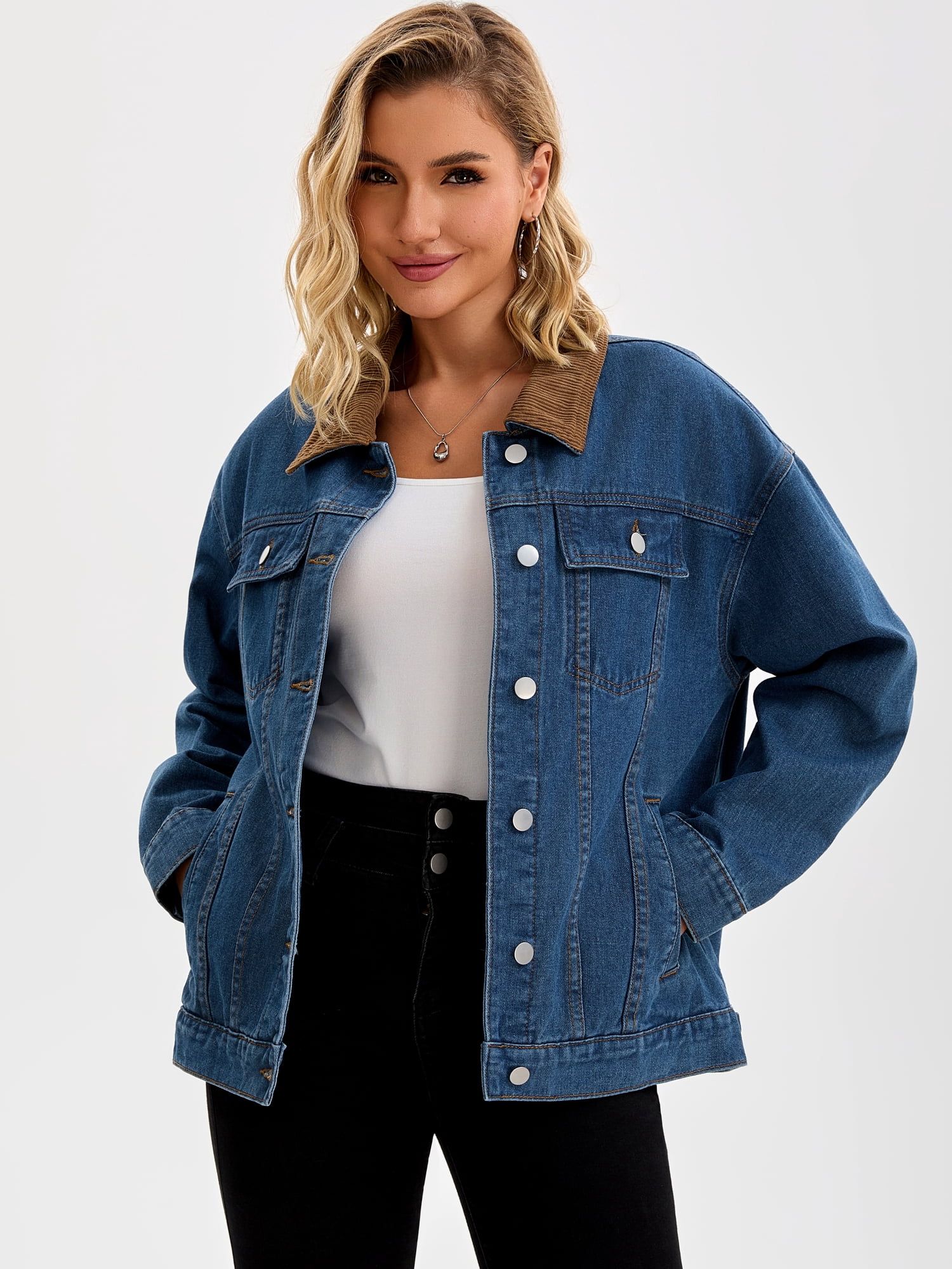 DARING DIVA Women's Button Down Corduroy Collar Long Sleeve Shacket 2XL Dark Blue