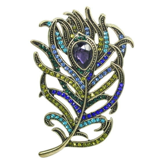Gyn&Joy Women's Green Blue Colored Rhinestones Peacock Feather Pin Brooch BZ035S