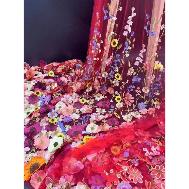 Tissu de Robe en Dentelle Brodée en Maille Douce Flottante Tournesol Tridimensionnel