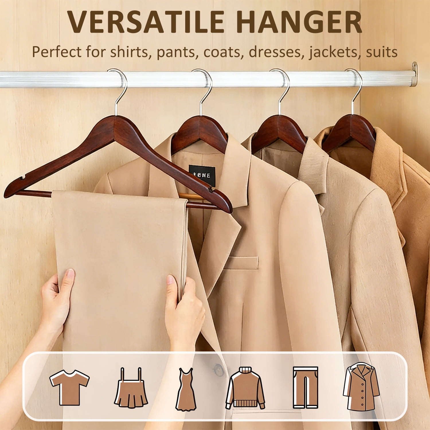 BagDream Wooden Coat Hangers 20 Pack Walnut Wood Suit Clothes Hangers with Non Slip Pant Bar & 360° Swivel Hook