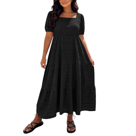 Womens Plus Size Summer Casual Midi Dress Square Neck Ruffle Short Sleeve High Waist A Line Wedding Guest Dresses