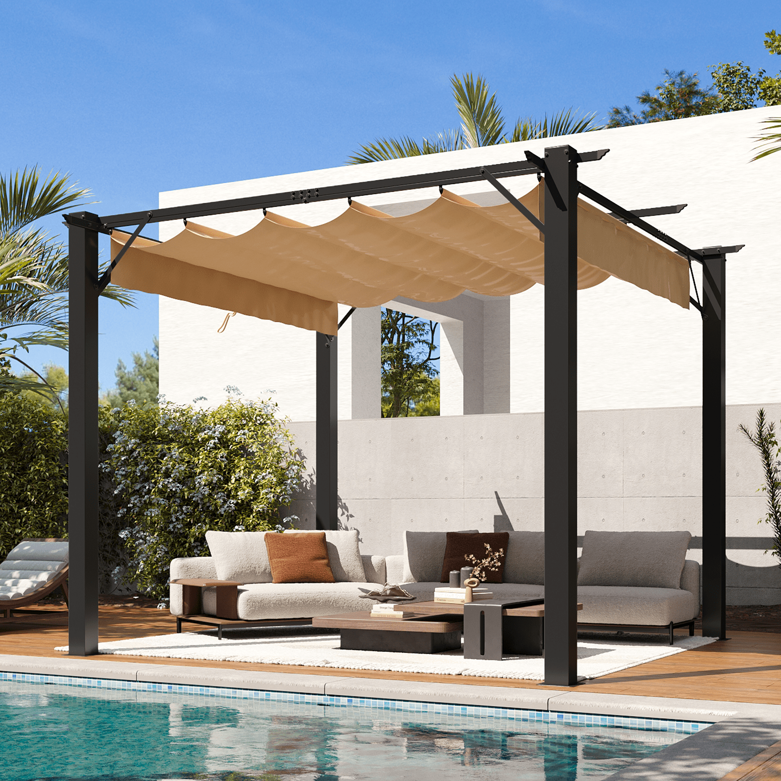 Dateyes 10'x12' Outdoor Retractable Pergola, with Sun-Proof Canopy, Patio Metal Pergolas Gazebos for Backyards, Gardens, Patios, Beige