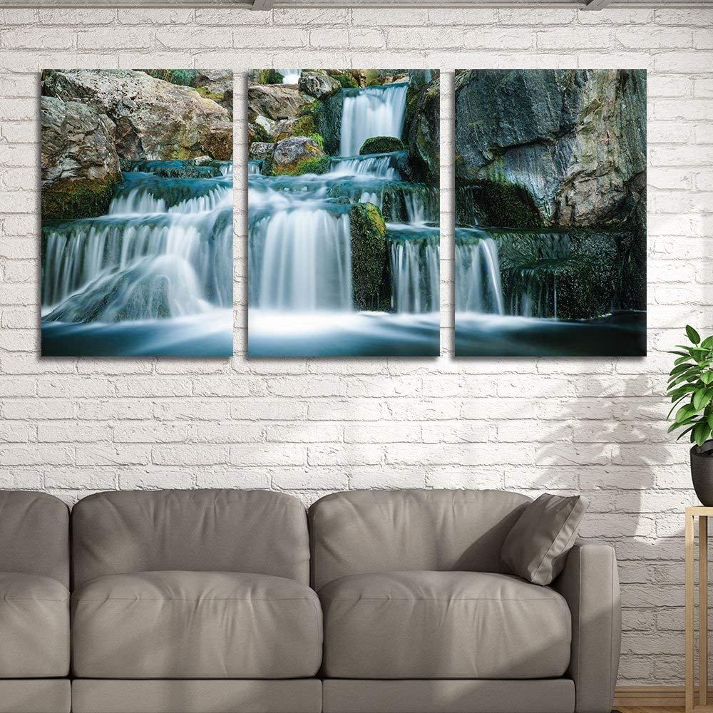 wall26 3 Panel Canvas Wall Art Landscape Cascading Waterfall in Rocky