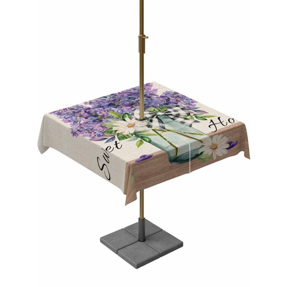 Outdoor Tablecloth with Umbrella Hole for Patio/Picnic/Party/Camping, Purple Lavender Waterproof Table Cloth Square Cover Washable, Spring Floral Daisy Butterfly Leaves Beige (54"x 54")