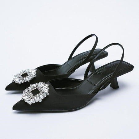

Women Elegant Heel Crystal Flower Mules Shoes Slingback Pointed Closed Toe Dress Sandal Shoe Stiletto Heels