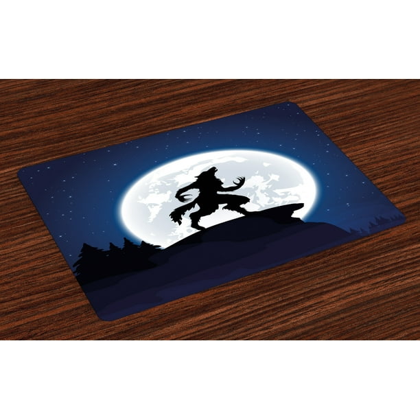 Wolf Placemats Set Of 4 Full Moon Night Sky Growling Werewolf Mythical Creature In Woods Halloween Washable Fabric Place Mats For Dining Room Kitchen Table Decor Dark Blue Black White By Ambesonne