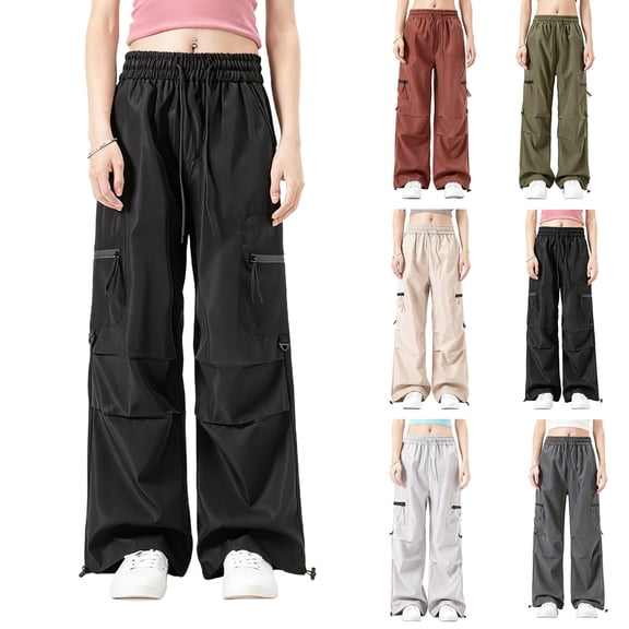 RongHuan Womens Windbreaker Pants Loose Fit Wide Leg Cargo Pants High Waist Pants with Pockets Casual Outdoor Hiking Pants