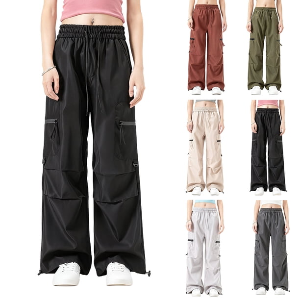 Pincandy Women's Multi-Pocket Drawstring Casual Pants with Zipper, Breathable Solid Color, High Waist Elastic Waistband, Outdoor & Daily Wear