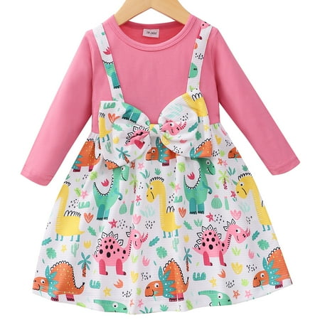 

Popshion Toddler Girls Princess Bowknot Dress Color Block Round Neck Casual Mid-length Fall Dress