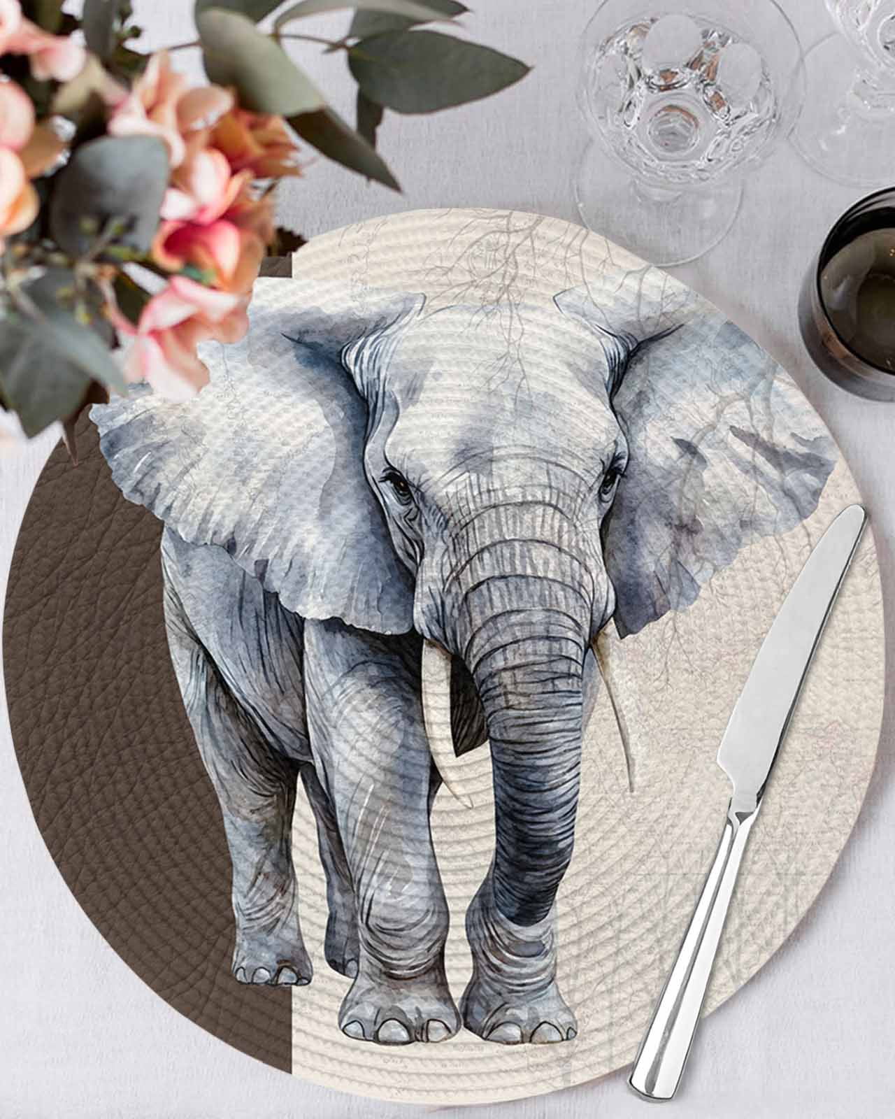 Retro Watercolor Round Table Placemats set of 8, Elephant Ivory Texture Washable Woven Place Mats for Dining Tables Kitchen Party Decor,Heat Proof, 15in, Gray Brown