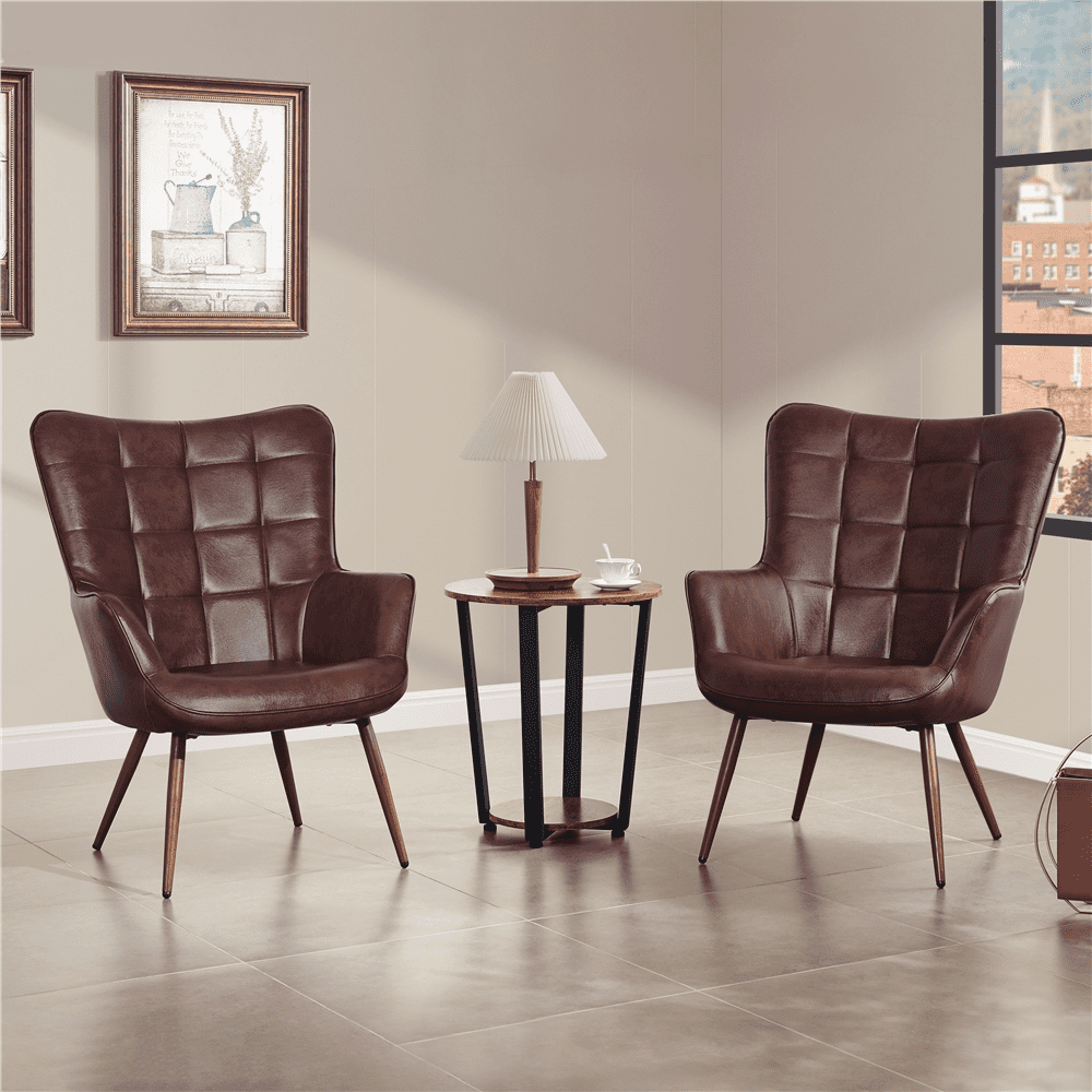 Alden Design Mid-Century Modern Faux Leather Wingback Accent Chair for Livingroom, Chestnut Brown