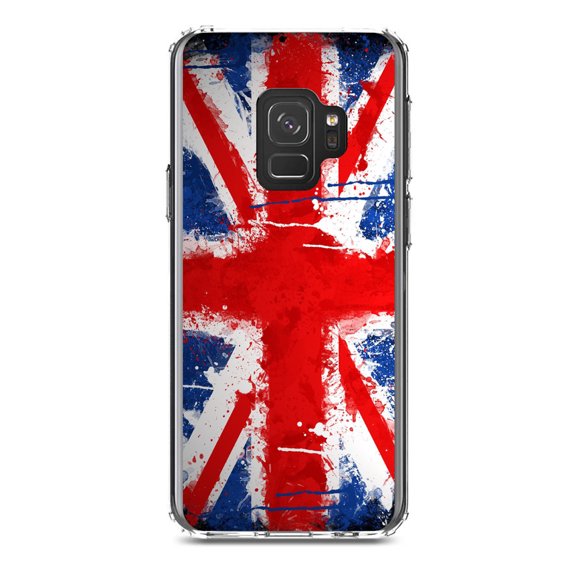DistinctInk Clear Shockproof Hybrid Case for Samsung Galaxy S9 (5.8" Screen) - TPU Bumper, Acrylic Back, Tempered Glass Screen Protector - Red White Blue British Flag Graffiti - the UK