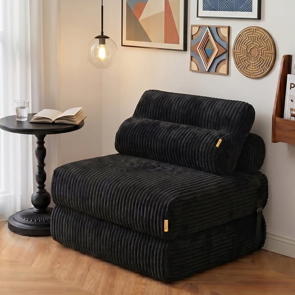 Pinmoco Folding Sofa Bed, Corduroy Convertible Sleeper Sofa with Pillow, Foldable Chair Bed with Back Support for Living Room & Bedroom, Black