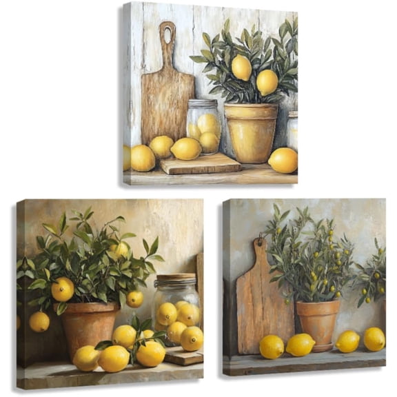 ZHONGYUTONG Lemons Wall Art Set of 3 Pictures of Lemons for Kitchen Yellow Citrus Fruit Canvas Prints Farmhouse Kitchen Dining Pantry Room Bar Decor Framed (10.00" x 10.00" x 3PCS)