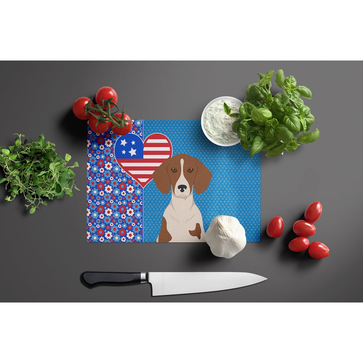 Red Piebald Dachshund Glass Cutting Board Large 12 in x 15 in