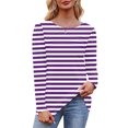 thumbnail image 4 of CLOISE Womens Tops Fall Trendy Striped Shirts Round Neck Long Sleeve Blouses Soft Pleated Colorblock Basic Tees Elegant Outfits Purple XL, 4 of 6