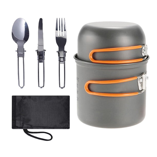 Juego de sartenes y ollas ligeras para acampar, de aluminio, para cocinar y cocinar, vajilla y cubiertos. naranja