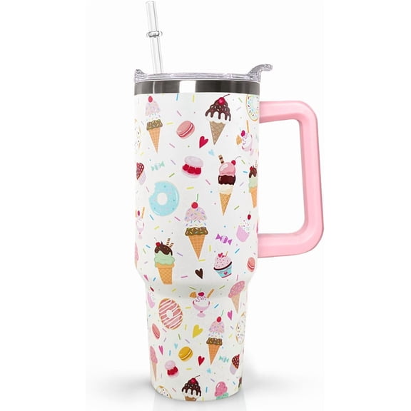 40oz Iced Coffee & Cold Beverage Tumbler with Handle - Ice Cream Design Insulated Travel Mug, Leakproof Double-Wall Stainless Steel, Great Gift for Women