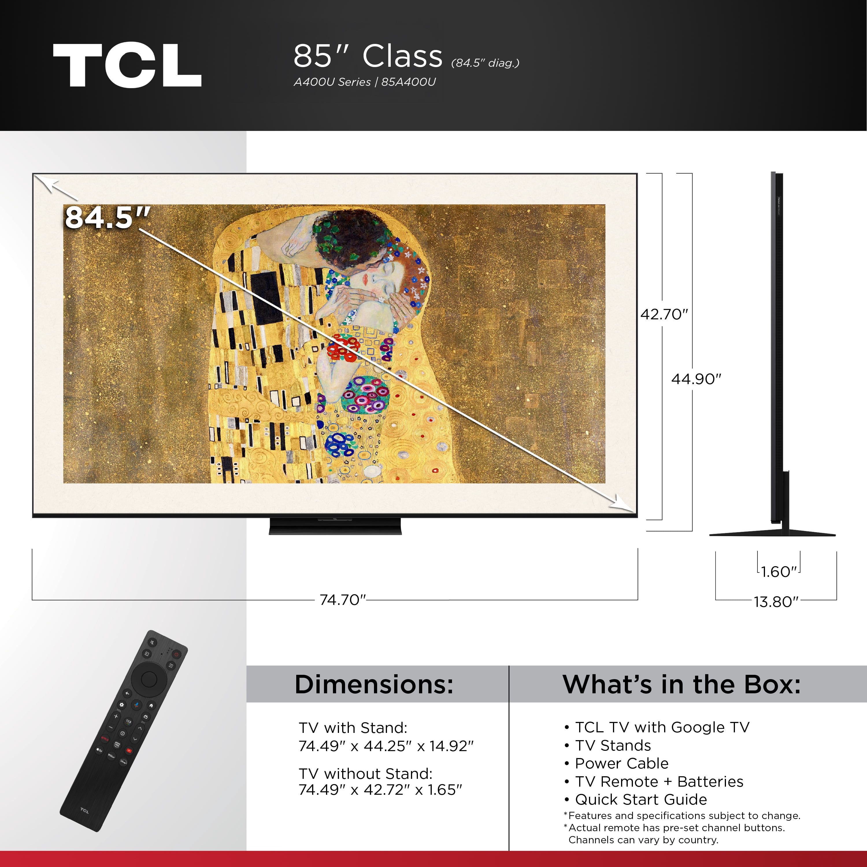 TCL 85" A400U Designer Series QD-Mini LED QLED 4K Smart Google TV (New 2026) - Art Library, Flush Wall Mount Included, Halo Control System, Local Dimming Pro, High Brightness Pro - 85A400U