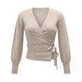 thumbnail image 4 of Admvng Women's Wrap V‑Neck Knit Sweater Long Sleeve Cropped Pullover Side Tie Knot Casual Fall Sweater, 4 of 9