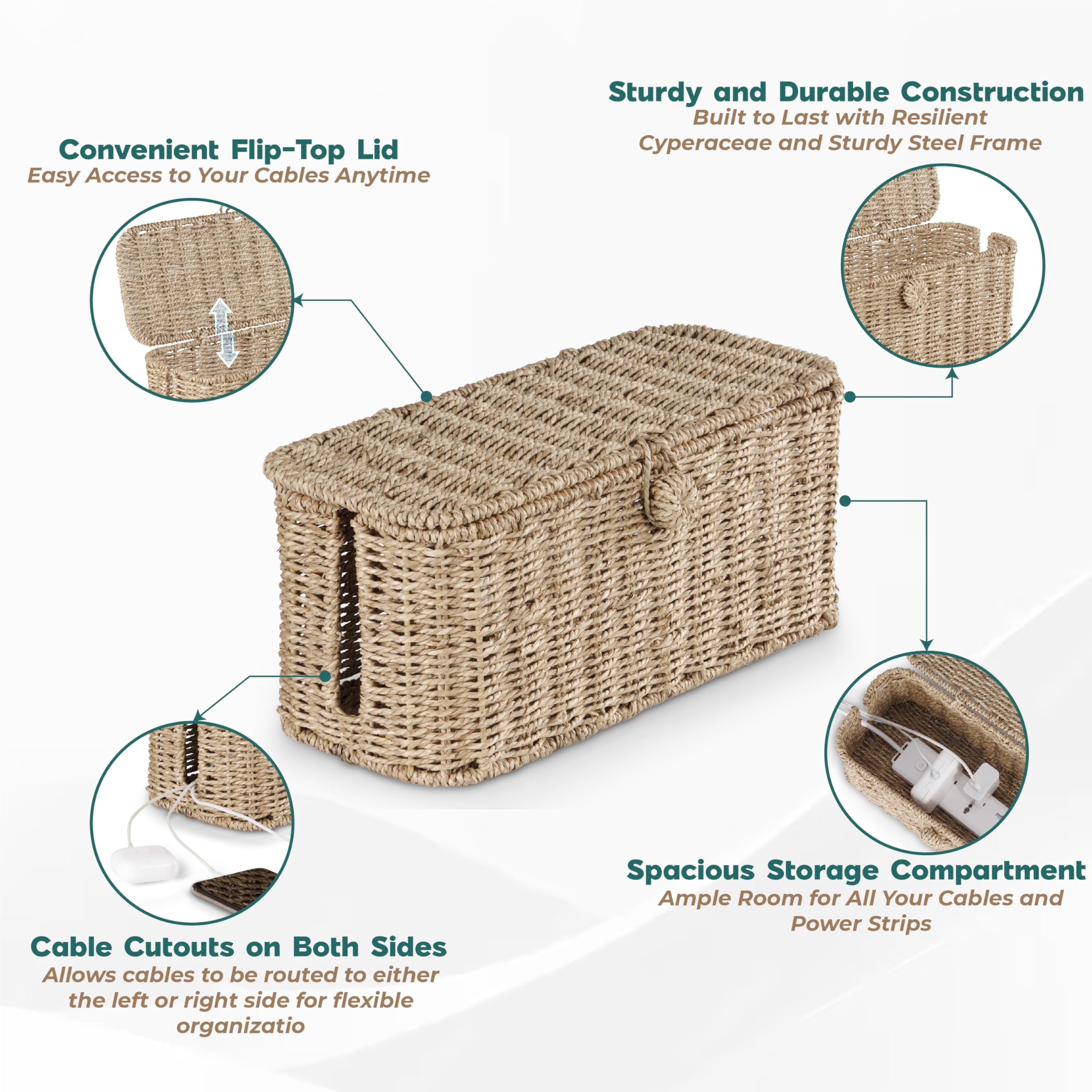 Large Cable Management Box  Rattan Cord Organizer Boxes For Power Strip - 2 Open Slots Cords Hider Tv Wires Computer Router Usb Hub And Under Desk