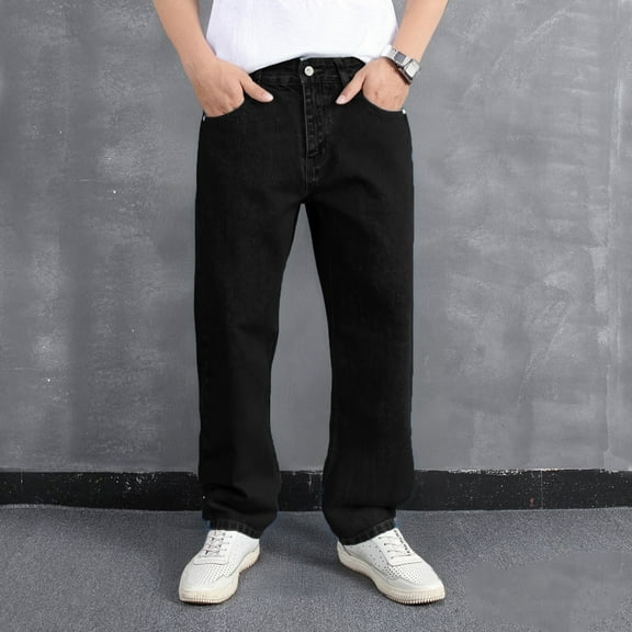 Mens Jeans Regular Fit Straight Leg Stretch Denim Pants Fashion Lightweight Comfort Outdoor Hiking Pants with Pocket Black L