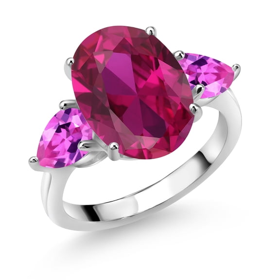 Gem Stone King 925 Sterling Silver Red Created Ruby and Pink Created Sapphire Ring for Women (5.00 Cttw, 14X10MM Oval and 7X5MM Pear Shape, Gemstone July Birthstone, Size 5)