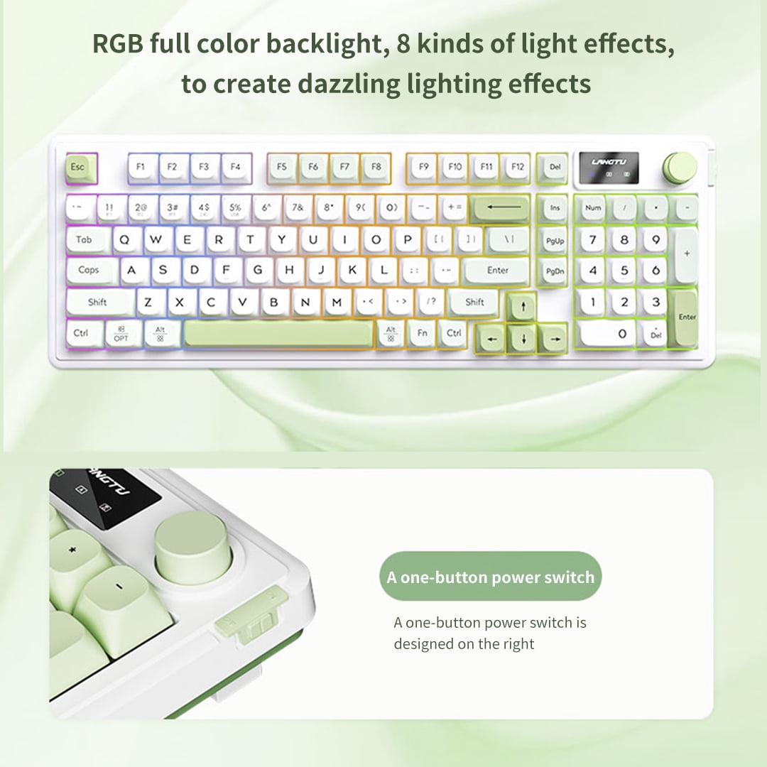 ITIGOITIE Tri - mode Bluetooth Wireless RGB Illuminated Membrane Keyboard,Silent, Esports/Gaming/Office, Snow Green Color