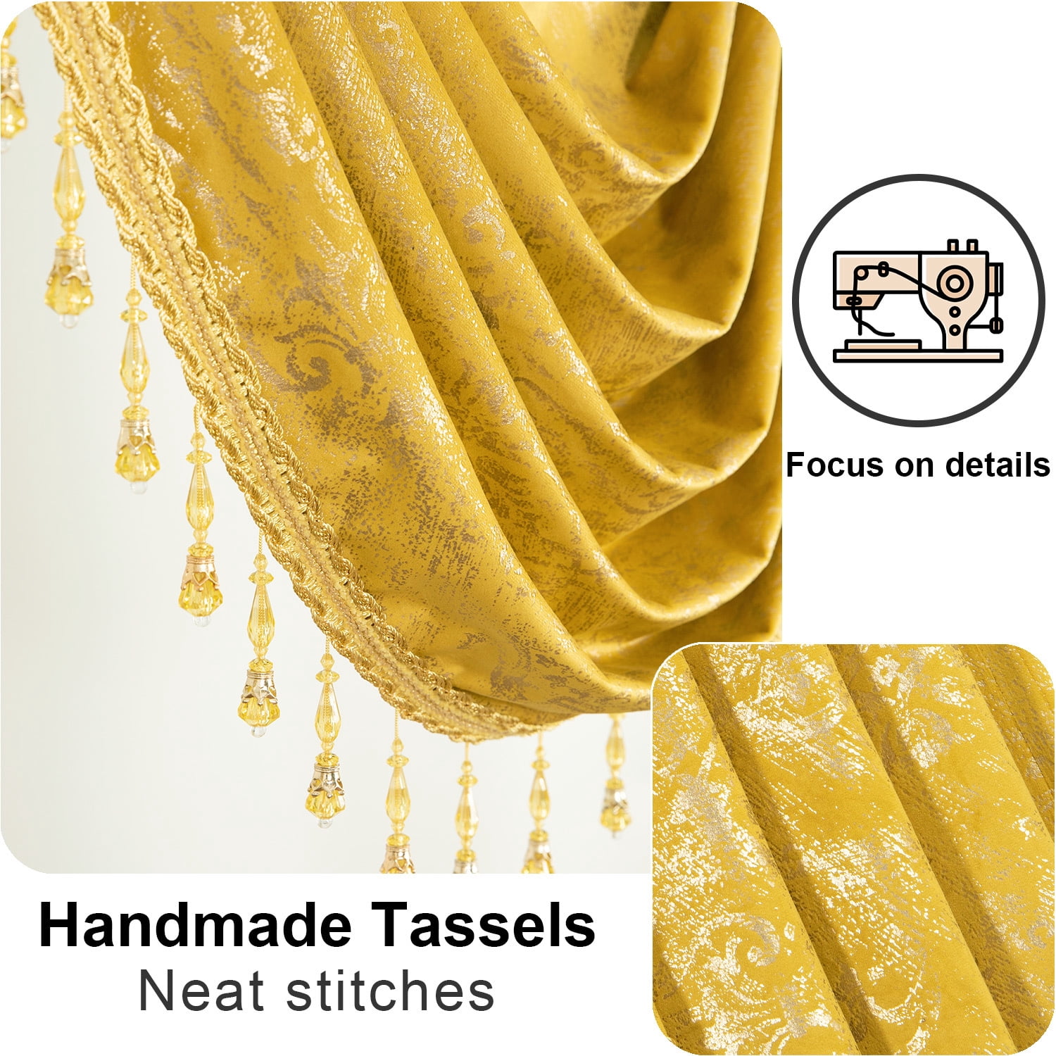 VOGOL Velvet Waterfall Valance for Bedroom, Soft Textured Prin Curtain with Elegant Tassel Design, Rod Pocket, 39x43 Inches, Bright Yellow, 1 Panel